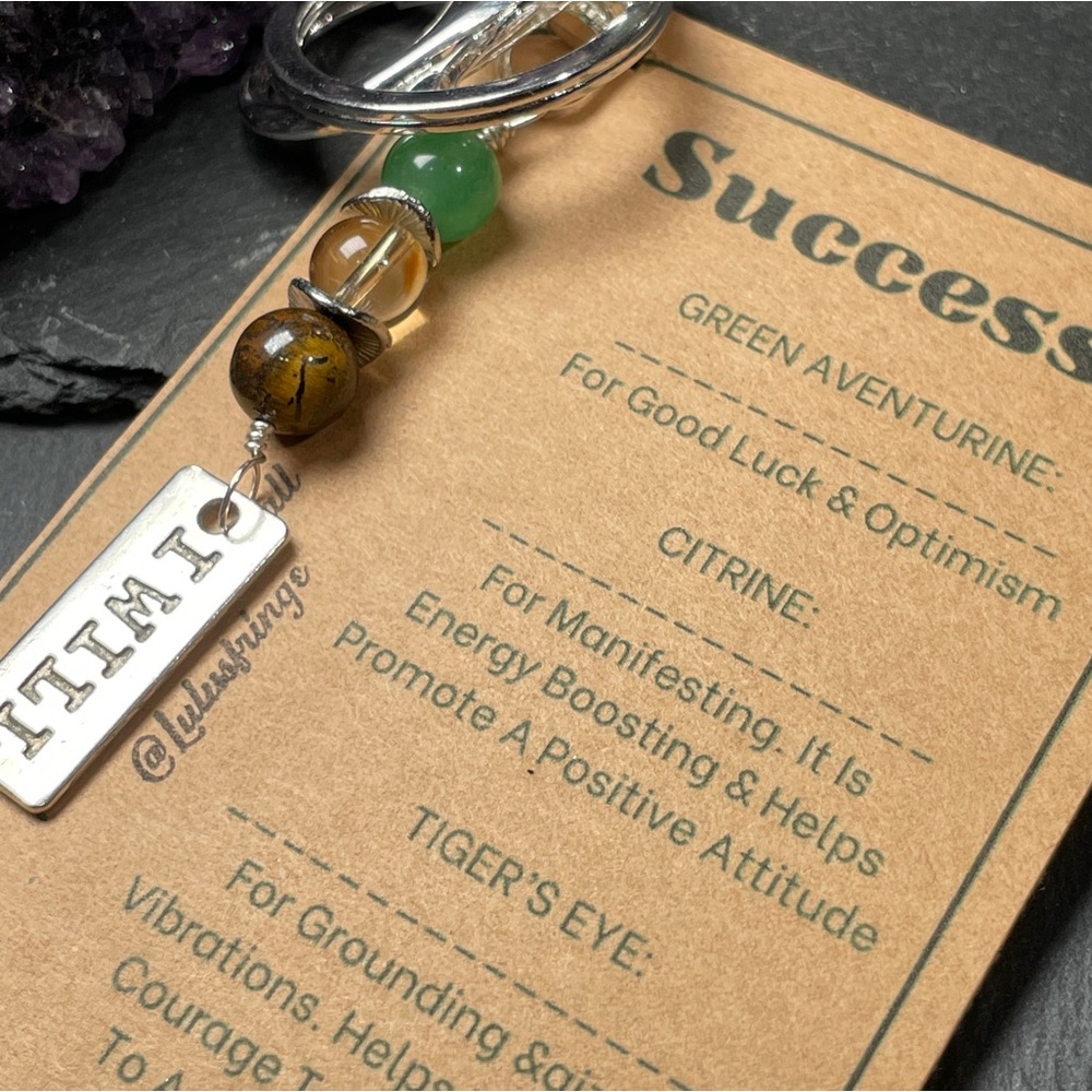 Success Crystal Guide Card And Green Aventurine Citrine And Tigers Eye Keychain